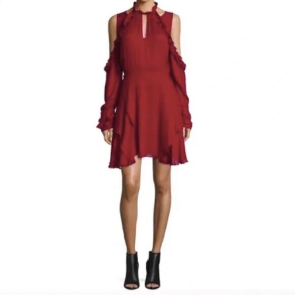 Women's IRO Dark Berry Red Long Sleeve Open Back Cocktail Dress - Picture 1 of 8